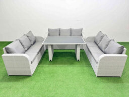 Fimous Patio Garden Furniture Sets With Black Glass Top Dining Table 3 Seater Sofa Light Grey