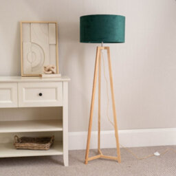 Valuelights Lottie Natural Wood Tripod Floor Lamp With Forest Green Velvet Drum Shade - thumbnail 3