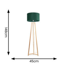 Valuelights Lottie Natural Wood Tripod Floor Lamp With Forest Green Velvet Drum Shade - thumbnail 4