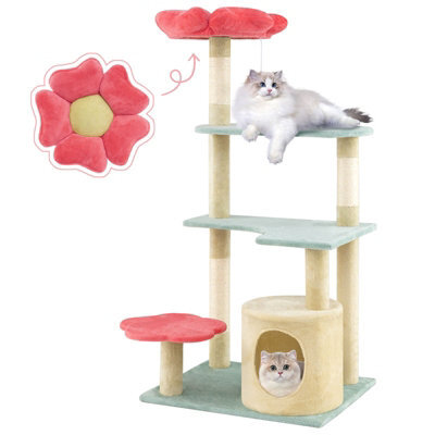 Costway 123 Cm Tall Cat Tree Multi-Level Aesthetic Floral Kitten Tower-Red - image 1