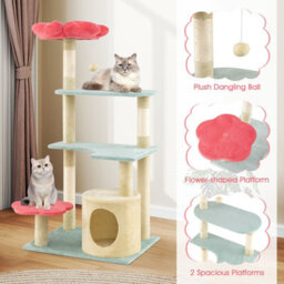 Costway 123 Cm Tall Cat Tree Multi-Level Aesthetic Floral Kitten Tower-Red - thumbnail 4