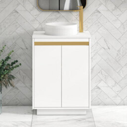 Royal Bathrooms Orion 600mm Matt White Floor Standing Plain White Countertop Vanity Unit 2 Door With Round Basin & Brushed Brass Accent Trim - thumbnail 2