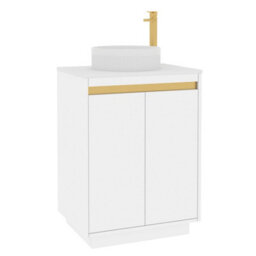 Royal Bathrooms Orion 600mm Matt White Floor Standing Plain White Countertop Vanity Unit 2 Door With Round Basin & Brushed Brass Accent Trim - thumbnail 6