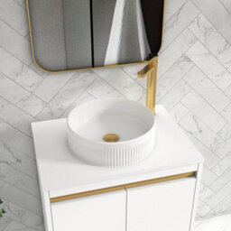 Royal Bathrooms Orion 600mm Matt White Floor Standing Plain White Countertop Vanity Unit 2 Door With Round Basin & Brushed Brass Accent Trim - thumbnail 5