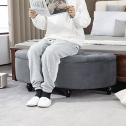 Homcom Semi-Circle Storage Ottoman Bench Tufted Upholstered Grey - thumbnail 7
