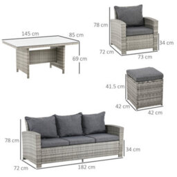 Outsunny 6Pcs Rattan Sofa Set Coffee Table Footstool Outdoor W/ Cushion - thumbnail 3