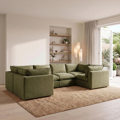 Furniturebox Uk Echo Green Linen-Look Fabric 5 Seater U-Shaped Modular Corner Sofa - image 1