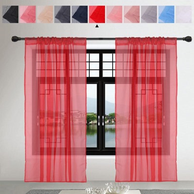 "Neel Blue Voile Curtains Slot Top, 2 Curtains, Red - 56"" Width X 54"" Drop" - image 1