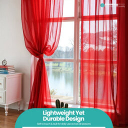 "Neel Blue Voile Curtains Slot Top, 2 Curtains, Red - 56"" Width X 54"" Drop" - thumbnail 9