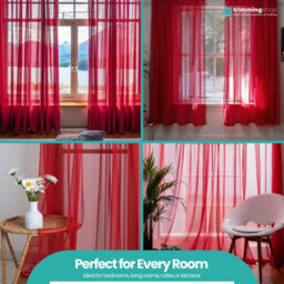"Neel Blue Voile Curtains Slot Top, 2 Curtains, Red - 56"" Width X 54"" Drop" - thumbnail 8
