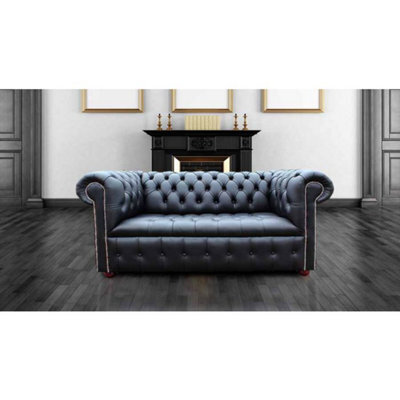 Chesterfield 2 Seater Buttoned Seat Silver Stud Sofa Black Real Leather In Classic Style - image 1