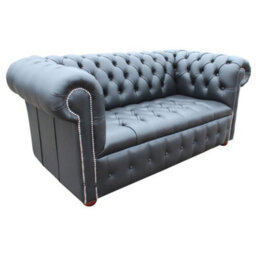 Chesterfield 2 Seater Buttoned Seat Silver Stud Sofa Black Real Leather In Classic Style - thumbnail 6