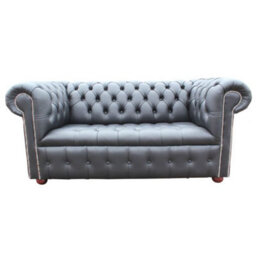 Chesterfield 2 Seater Buttoned Seat Silver Stud Sofa Black Real Leather In Classic Style - thumbnail 2