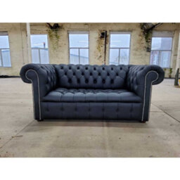Chesterfield 2 Seater Buttoned Seat Silver Stud Sofa Black Real Leather In Classic Style - thumbnail 3