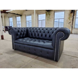 Chesterfield 2 Seater Buttoned Seat Silver Stud Sofa Black Real Leather In Classic Style - thumbnail 4
