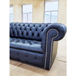 Chesterfield 2 Seater Buttoned Seat Silver Stud Sofa Black Real Leather In Classic Style - thumbnail 5