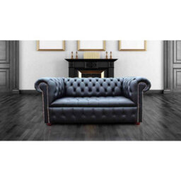 Chesterfield 2 Seater Buttoned Seat Silver Stud Sofa Black Real Leather In Classic Style - thumbnail 1