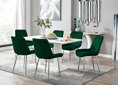 Furniturebox Imperia White High Gloss 6 Seater Dining Table With Structural 2 Plinth Column Legs 6 Green Velvet Silver Leg Pesaro Chairs - image 1