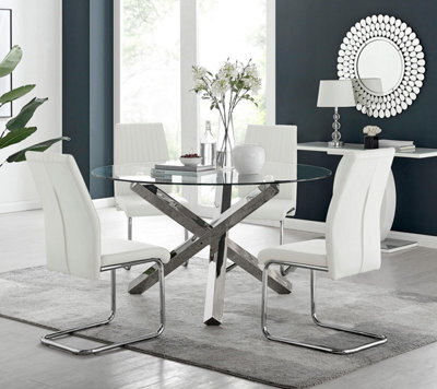 Furniturebox Uk Vogue Large Round Chrome Metal Clear Glass Dining Table And 4 White Lorenzo Dining Chairs Set - image 1