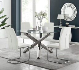 Furniturebox Uk Vogue Large Round Chrome Metal Clear Glass Dining Table And 4 White Lorenzo Dining Chairs Set - thumbnail 1