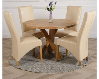 That's Furniture Oregon Round Oak Dining Table And 4 Chairs Dining Set With Lola Ivory Leather Chairs - image 1