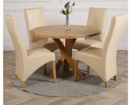 That's Furniture Oregon Round Oak Dining Table And 4 Chairs Dining Set With Lola Ivory Leather Chairs