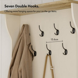 Vonhaus Coat Stand With Shoe Storage, Cream Hallway Unit With 7 Double Hooks & Storage Bench, Hall Tree For Entryway, Ash Hall - thumbnail 5