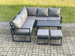 Fimous Aluminium Outdoor Garden Furniture Set Lounge Sofa Coffee Table Sets With 2 Small Footstools Indoor Set Dark Grey - thumbnail 2