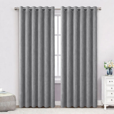 Bedlooms Charcoal Linen Curtain 100% Blackout Thermal Insulated Eyelet Curtain (Pair) 66 X 72 Inches With Tie Back Two - image 1