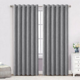 Bedlooms Charcoal Linen Curtain 100% Blackout Thermal Insulated Eyelet Curtain (Pair) 66 X 72 Inches With Tie Back Two