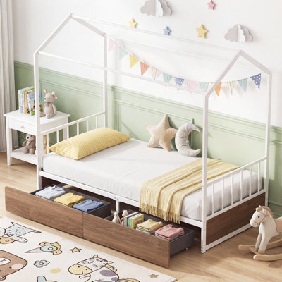 Gainoom Single Size Natural House Bed With 2 Drawers Heavy-Duty Metal Platform Bed With Roof - image 1