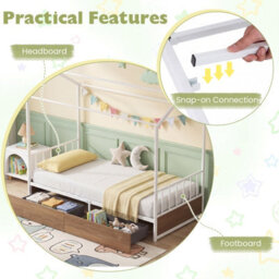 Gainoom Single Size Natural House Bed With 2 Drawers Heavy-Duty Metal Platform Bed With Roof - thumbnail 7