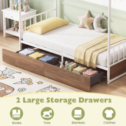 Gainoom Single Size Natural House Bed With 2 Drawers Heavy-Duty Metal Platform Bed With Roof - thumbnail 6
