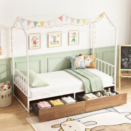 Gainoom Single Size Natural House Bed With 2 Drawers Heavy-Duty Metal Platform Bed With Roof - thumbnail 3