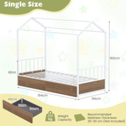 Gainoom Single Size Natural House Bed With 2 Drawers Heavy-Duty Metal Platform Bed With Roof - thumbnail 2