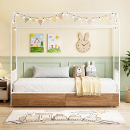 Gainoom Single Size Natural House Bed With 2 Drawers Heavy-Duty Metal Platform Bed With Roof - thumbnail 4