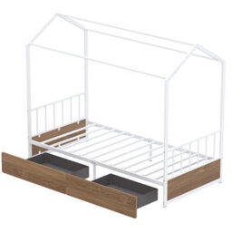 Gainoom Single Size Natural House Bed With 2 Drawers Heavy-Duty Metal Platform Bed With Roof - thumbnail 9