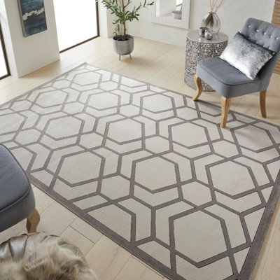 Ivory Light Grey Chequered Geometric Easy To Clean Modern Dining Room Bedroom And Living Room Rug-120Cm X 180Cm