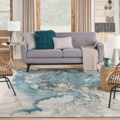 Ivory Teal Abstract Luxurious Modern Easy To Clean Rug For Dining Room Bed Room And Living Room-160Cm (Circle) - image 1