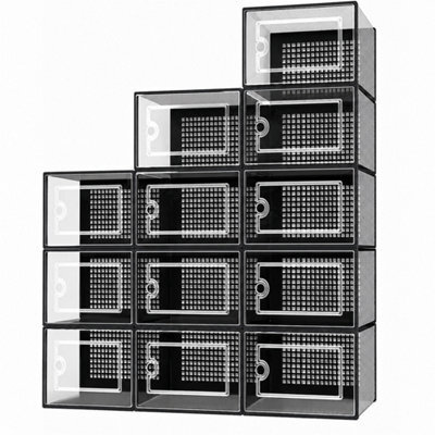 Black 12X Clear Stackable Plastic Shoe Storage Boxes Organiser Rack - image 1