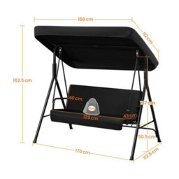 Yaheetech Black Outdoor 3 Seat Swing Chair With Adjustable Canopy And Removable Pad - thumbnail 3