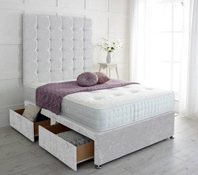 "Adore Designs Cubed Crushed Velvet Divan Bed, With Pocket Mattress & 36"" Headboard - 4Ft Small Double - White - 2 Drawers Same Side"