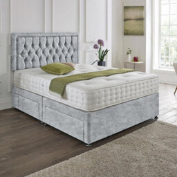 Dining Tables Lisbon Matching Headboard Divan Set, 2 Drawer On Same Side With Sprung 1500 Comfort Mattress - Crushed Velvet Silver - King - thumbnail 1