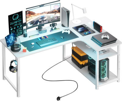 Comhoma L Shaped Gaming Desk, 120X80Cm Power Outlets Corner Computer Desk With Shelves, Headphone Hook For Home Office, White - image 1