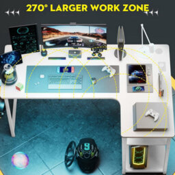 Comhoma L Shaped Gaming Desk, 120X80Cm Power Outlets Corner Computer Desk With Shelves, Headphone Hook For Home Office, White - thumbnail 5