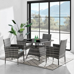 Seville 4 Seater Rattan Garden Dining Patio Set With Square Glass Table & Light Grey Cushions + Free Rain Cover