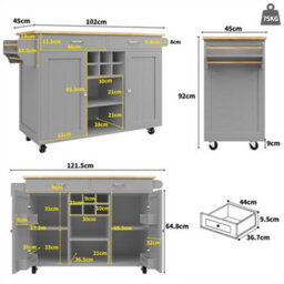 Abrihome Modern Kitchen Island (102X45X92Cm), Kitchen Cabinet, Sideboard, Multifunctional Dining Table With Storage, Gray - thumbnail 5
