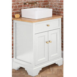 Homestylestore 645mm Antique White And Oak Bathroom Vanity Unit With Square Countertop Basin And Gold Round Handles