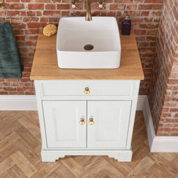 Homestylestore 645mm Antique White And Oak Bathroom Vanity Unit With Square Countertop Basin And Gold Round Handles - thumbnail 2