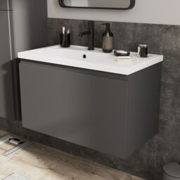 GoodHome Levanna Matt Dark Grey Wall-Mounted Vanity Unit & Basin Set (W)800mm (H)480mm - thumbnail 8